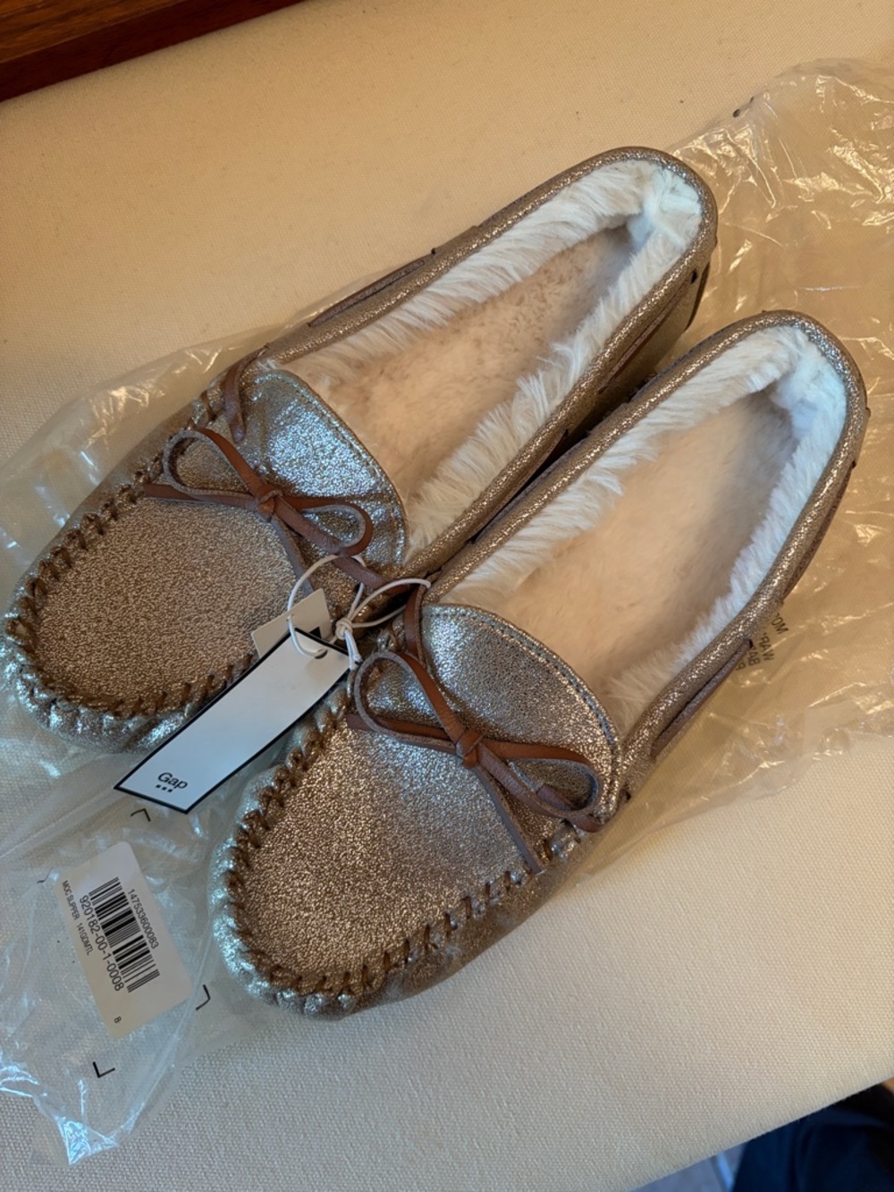 Gap Shimmer faux fur lined Moccasin slippers